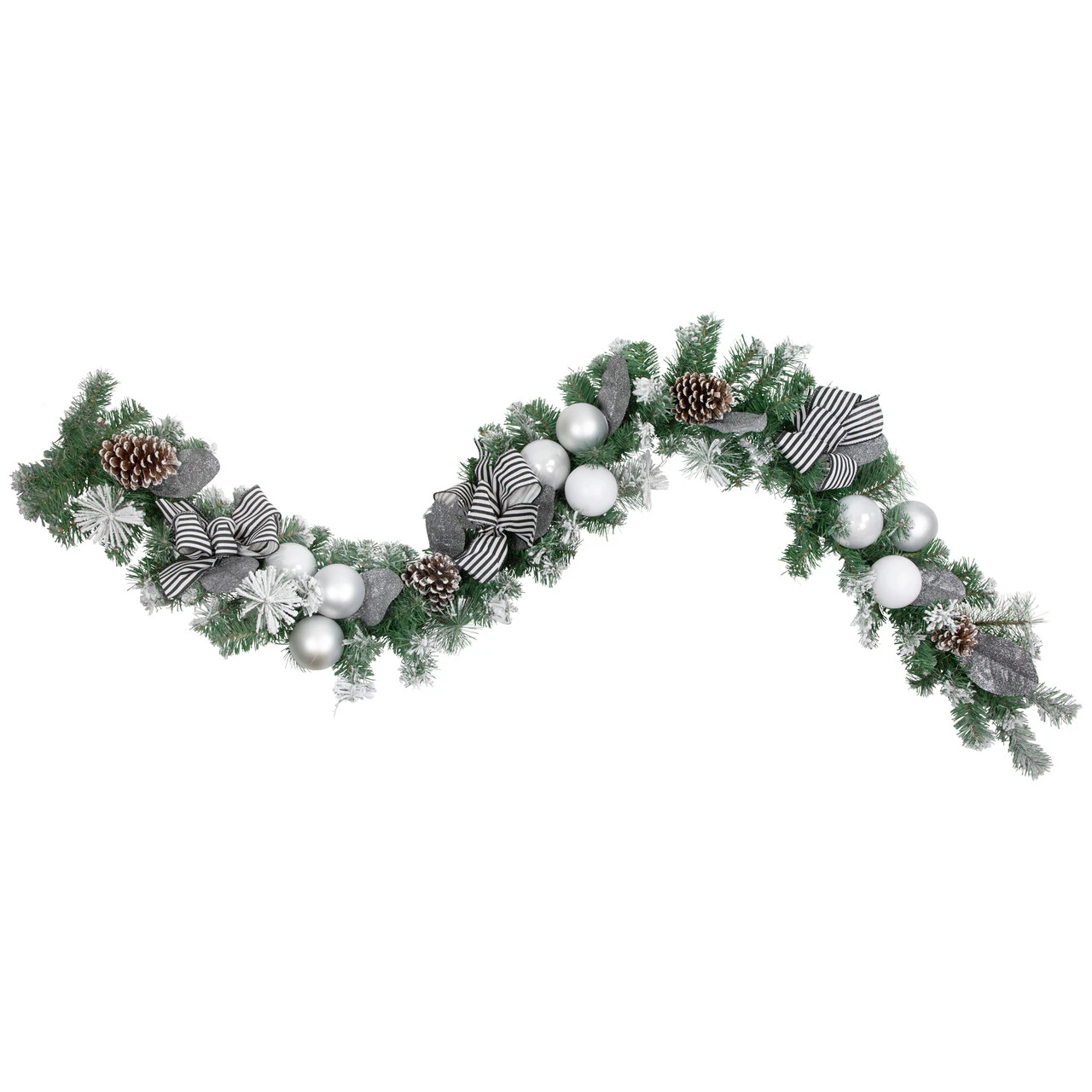 6' Frosted Pine Artificial Christmas Garland With Striped Bows And Ornaments 3 6' Frosted Pine Artificial Christmas Garland With Striped Bows And Ornaments