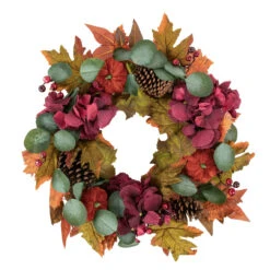 Orange And Burgundy Fall Harvest Artificial Floral And Pinecone Wreath, 22-Inch