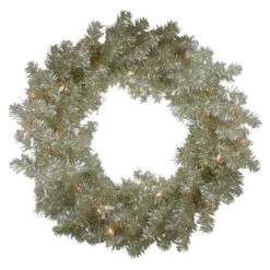 Pre-Lit Metallic Silver And Champagne Artificial Tinsel Christmas Wreath, 24 Inch, Clear Lights
