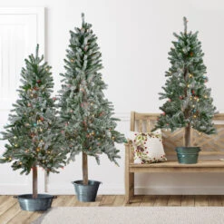 Set Of 3 Pre-Lit Flocked Alpine Artificial Christmas Trees 5' - Multi Lights