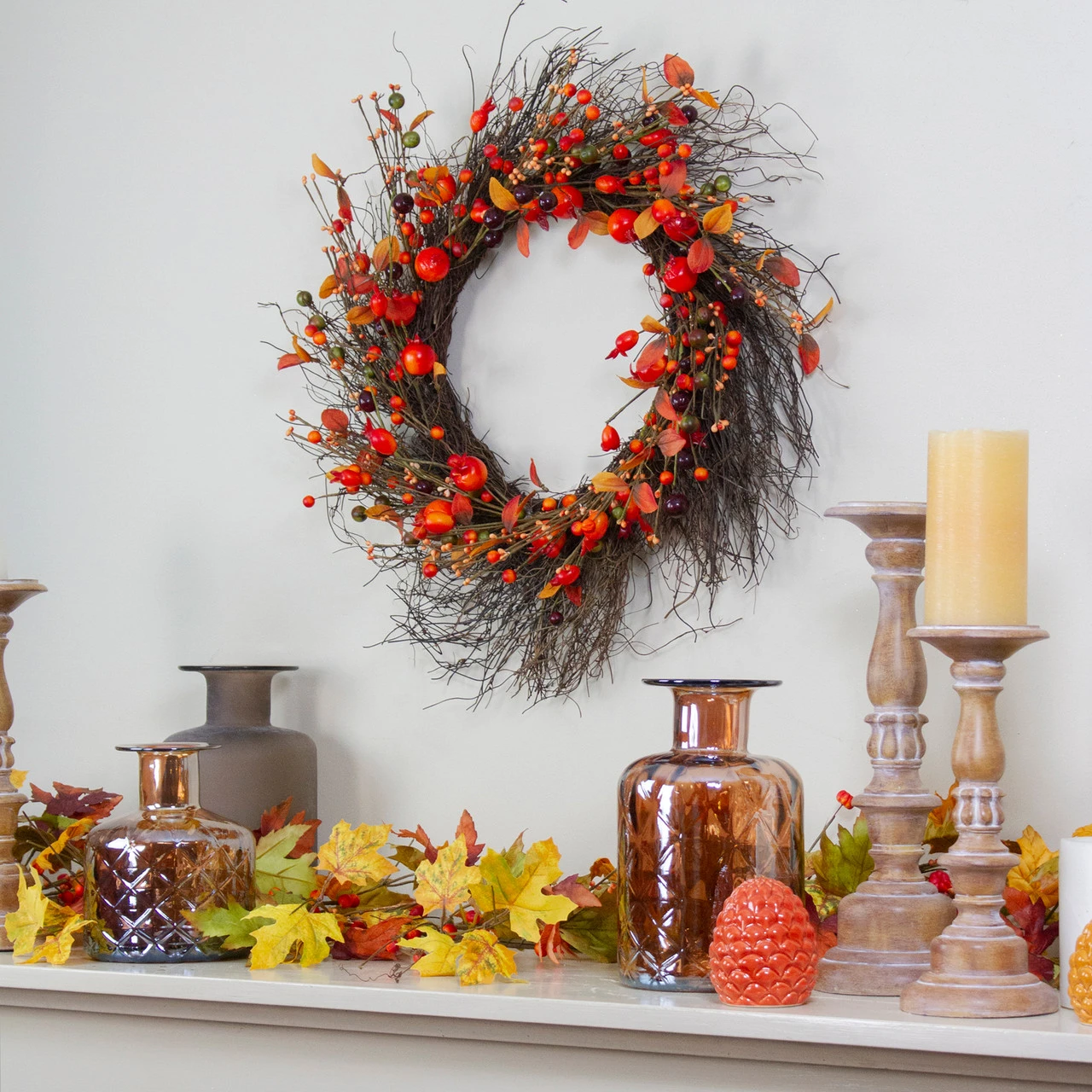 Leaves And Berries Artificial Fall Harvest Twig Wreath - 24 Inch, Unlit 4 Leaves And Berries Artificial Fall Harvest Twig Wreath - 24 Inch, Unlit - Image 2