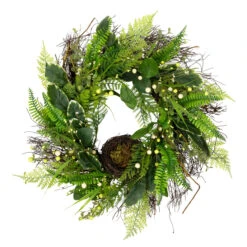 Green And Brown Foliage Artificial Spring Wreath With Nest - 24-Inch, Unlit
