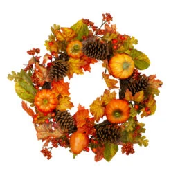 Orange Pumpkins, Pine Cones And Berries Fall Harvest Wreath - 24 Inch, Unlit