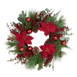 Artificial Red Berry And Poinsettia Christmas Wreath, 28-Inch, Unlit