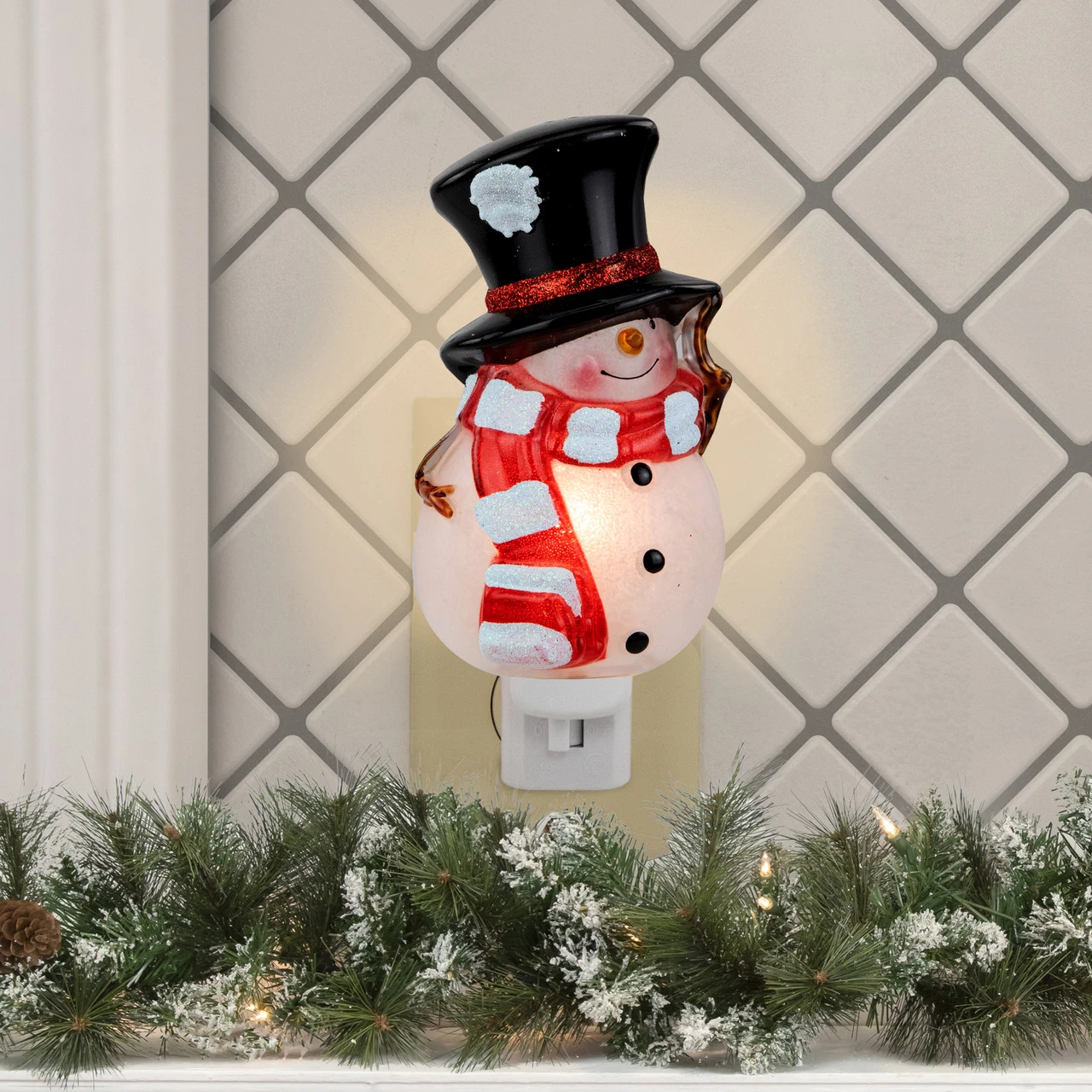 6.5" White And Red Snowman In Black Top Hat Christmas Night Light 4 6.5" White And Red Snowman In Black Top Hat Christmas Night Light - Image 2