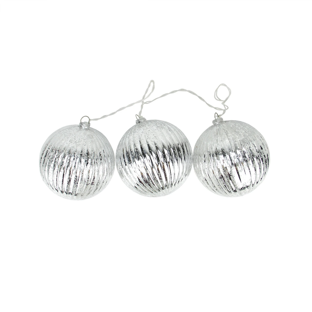 Set Of 3 Lighted Silver Mercury Glass Finish Ribbed Ball Christmas Ornaments - Clear Lights 3 Set Of 3 Lighted Silver Mercury Glass Finish Ribbed Ball Christmas Ornaments - Clear Lights