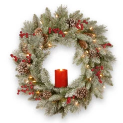 24" Pre-Lit Snowy Bristle Berry Artificial Christmas Wreath - Warm White LED Lights/BO