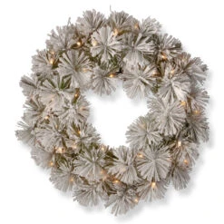 24” Pre-Lit Snowy Bristle Pine Wreath With Battery Operated Warm White LED Lights
