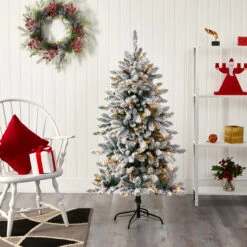 5’ Pre-Lit Flocked Livingston Fir Artificial Christmas Tree, Warm Clear LED Lights -Beauty Wreaths Shop t1610 5 19135.1667528894