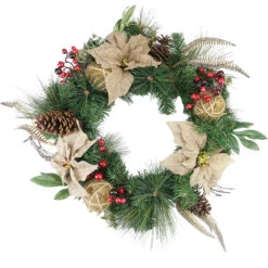 Mixed Pine Berry And Burlap Poinsettia Artificial Christmas Wreath - 24-Inch, Unlit